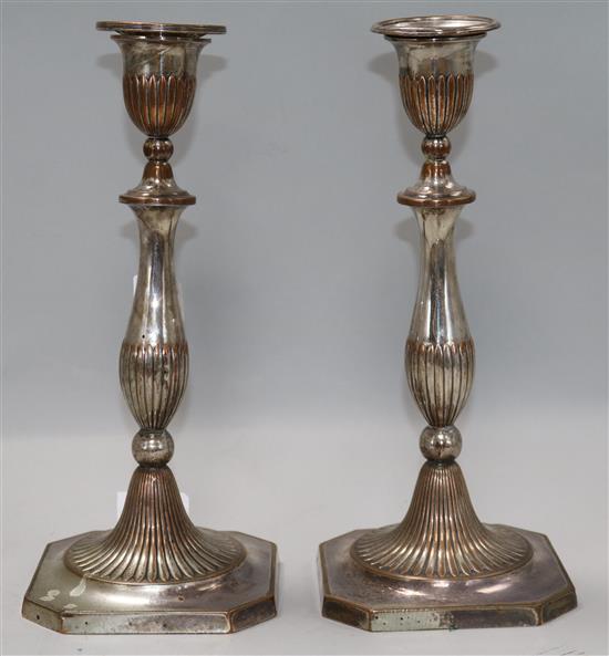 A pair of Adam design Sheffield plated candlesticks	, H.29.5cm